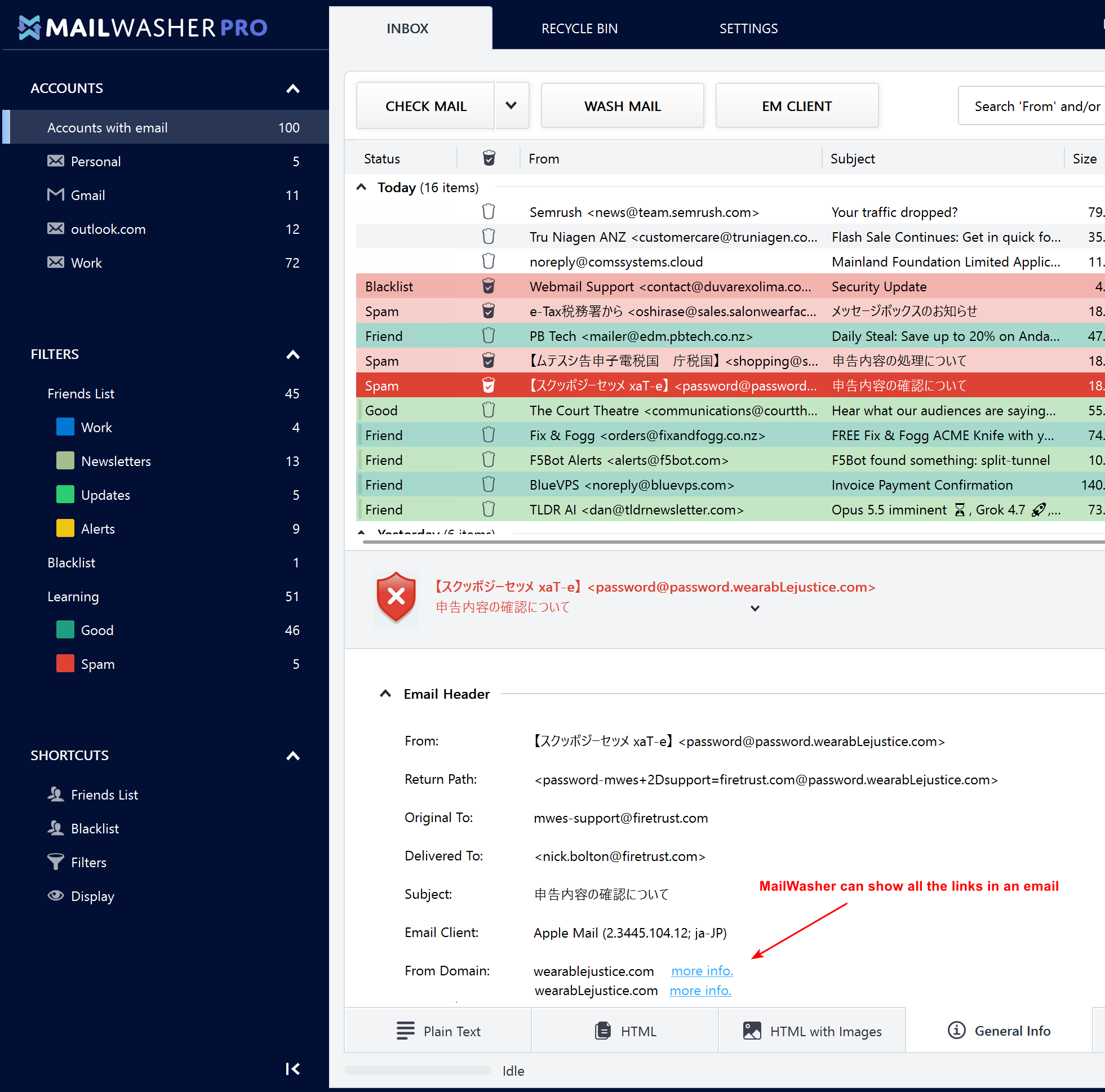MailWasher shows important information about each email